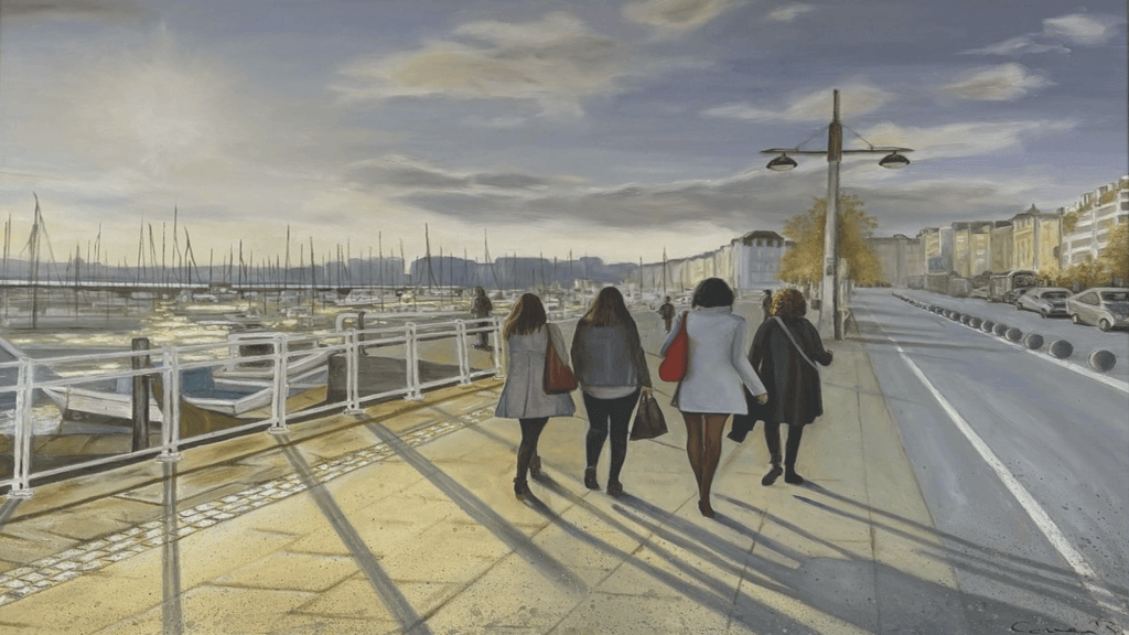 Cuadro de las chicas paseando junto a la bahía de Santander